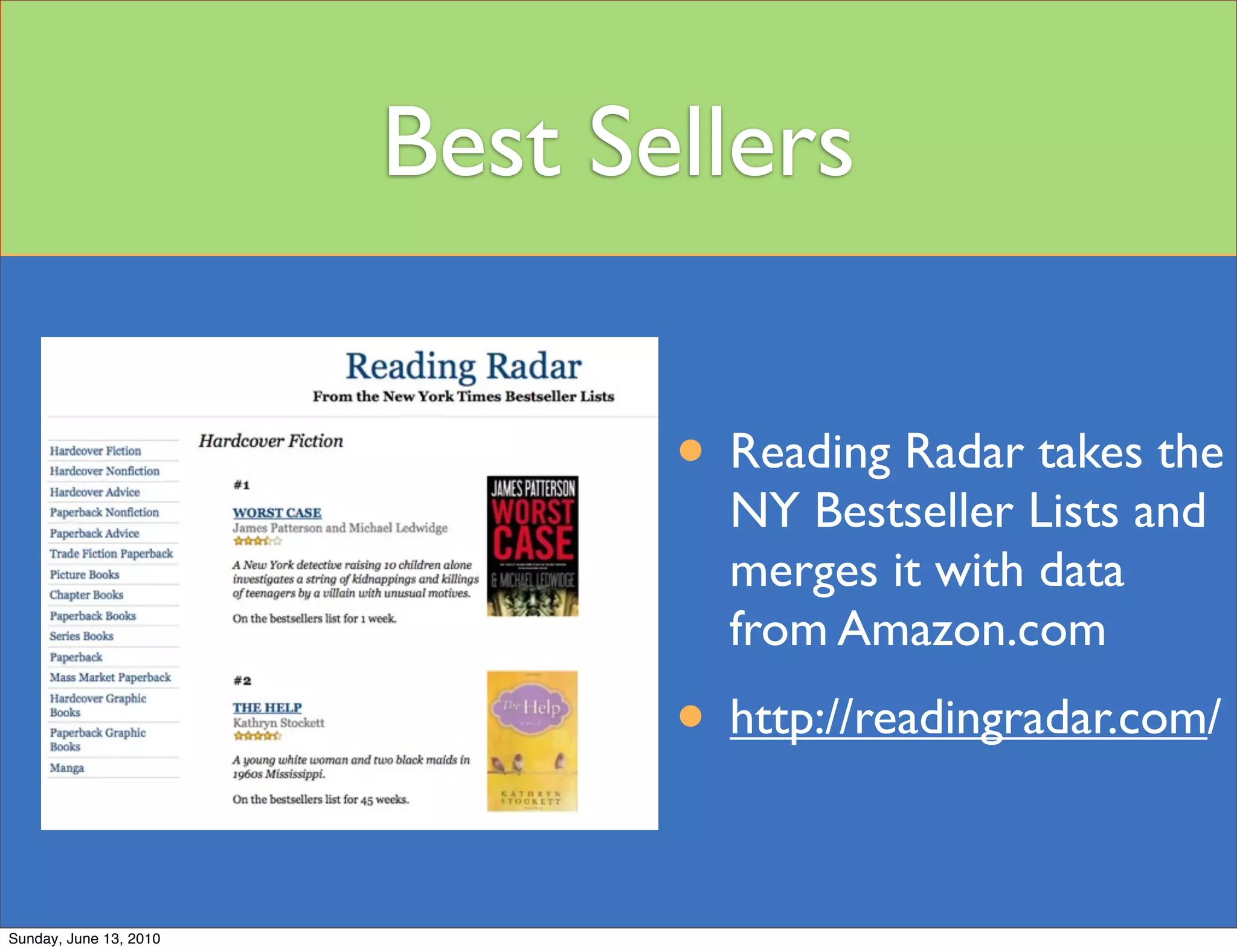 Best Sellers


                               • Reading Radar takes the
                                 NY Bestseller Lists and
                                 merges it with data
                                 from Amazon.com
                               • http://readingradar.com/

Sunday, June 13, 2010
 