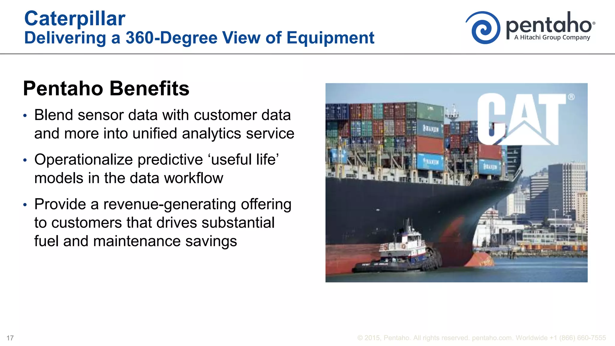 Caterpillar
Delivering a 360-Degree View of Equipment
Pentaho Benefits
• Blend sensor data with customer data
and more into unified analytics service
• Operationalize predictive ‘useful life’
models in the data workflow
• Provide a revenue-generating offering
to customers that drives substantial
fuel and maintenance savings
 