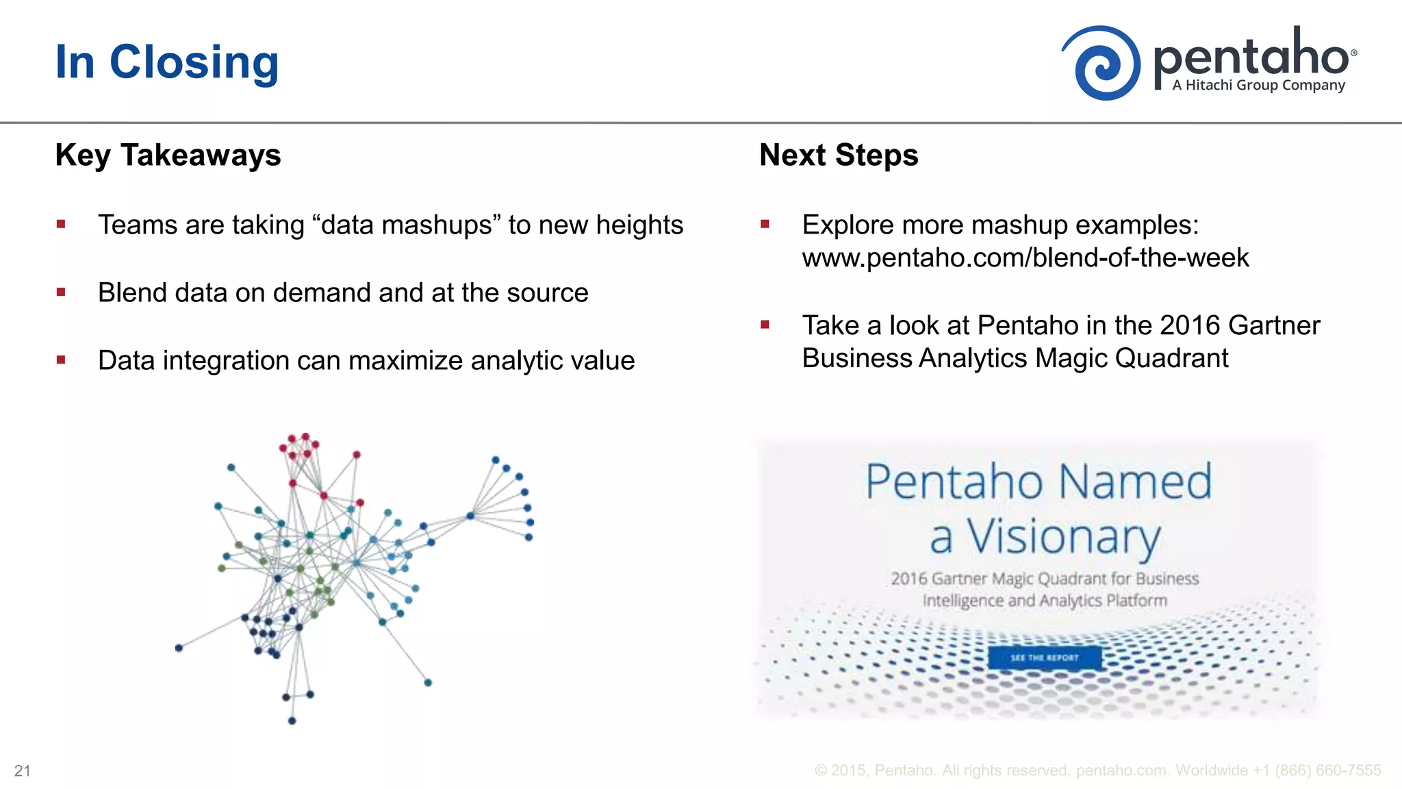 In Closing
Next Steps
 Explore more mashup examples:
www.pentaho.com/blend-of-the-week
 Take a look at Pentaho in the 2016 Gartner
Business Analytics Magic Quadrant
Key Takeaways
 Teams are taking “data mashups” to new heights
 Blend data on demand and at the source
 Data integration can maximize analytic value
 