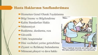 Hasta Haklarının Sınıflandırılması
Hizmetten Genel Olarak Faydalanma
Bilgi İsteme ve Bilgilendirme
Kalite Standartları Hakkı
Mahremiyet
Reddetme, durdurma, rıza
Güvenlik
Tıbbi Araştırmalar
Dini vecibeleri yerine getirebilme
Ziyaret ve Refakatçi bulundurma
Müracaat,şikayet ve dava hakkı
 