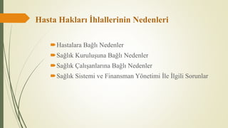 Hasta Hakları İhlallerinin Nedenleri
Hastalara Bağlı Nedenler
Sağlık Kuruluşuna Bağlı Nedenler
Sağlık Çalışanlarına Bağlı Nedenler
Sağlık Sistemi ve Finansman Yönetimi İle İlgili Sorunlar
 
