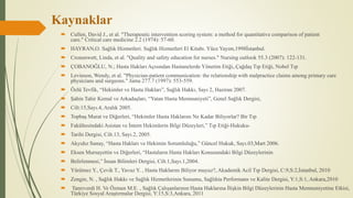 Kaynaklar
 Cullen, David J., et al. "Therapeutic intervention scoring system: a method for quantitative comparison of patient
care." Critical care medicine 2.2 (1974): 57-60.
 HAYRAN,O. Sağlık Hizmetleri. Sağlık Hizmetleri El Kitabı. Yüce Yayım,1998İstanbul.
 Cronenwett, Linda, et al. "Quality and safety education for nurses." Nursing outlook 55.3 (2007): 122-131.
 ÇOBANOĞLU, N.; Hasta Hakları Açısından Hastanelerde Yönetim Etiği,.Çağdaş Tıp Etiği, Nobel Tıp
 Levinson, Wendy, et al. "Physician-patient communication: the relationship with malpractice claims among primary care
physicians and surgeons." Jama 277.7 (1997): 553-559.
 Özlü Tevfik, “Hekimler ve Hasta Hakları”, Sağlık Hakkı, Sayı 2, Haziran 2007.
 Şahin Tahir Kemal ve Arkadaşları, “Yatan Hasta Memnuniyeti”, Genel Sağlık Dergisi,
 Cilt:15,Sayı.4, Aralık 2005.
 Topbaş Murat ve Diğerleri, “Hekimler Hasta Haklarını Ne Kadar Biliyorlar? Bir Tıp
 Fakültesindaki Asistan ve İntern Hekimlerin Bilgi Düzeyleri,” Tıp Etiği-Hukuku-
 Tarihi Dergisi, Cilt.13, Sayı.2, 2005.
 Akyıdız Sunay, “Hasta Hakları ve Hekimin Sorumluluğu,” Güncel Hukuk, Sayı.03,Mart 2006.
 Eksen Mursayettin ve Diğerleri, “Hastaların Hasta Hakları Konusundaki Bilgi Düzeylerinin
 Belirlenmesi,” İnsan Bilimleri Dergisi, Cilt.1,Sayı.1,2004.
 Yürümez Y., Çevik T., Yavuz Y. , Hasta Haklarını Biliyor muyuz?, Akademik Acil Tıp Dergisi, C:9,S:2,İstanbul, 2010
 Zengin, N. , Sağlık Hakkı ve Sağlık Hizmetlerinin Sunumu, Sağlıkta Performans ve Kalite Dergisi, Y:1,S:1, Ankara,2010
 Tanrıverdi H. Ve Özmen M.E. , Sağlık Çalışanlarının Hasta Haklarına İlişkin Bilgi Düzeylerinin Hasta Memnuniyetine Etkisi,
Türkiye Sosyal Araştırmalar Dergisi, Y:15,S:3,Ankara, 2011
 