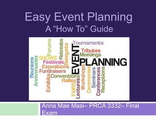 Easy Event Planning
A “How To” Guide
Anna Mae Masi– PRCA 3332– Final
Exam
 