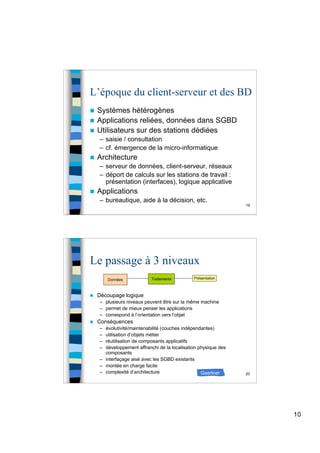 10
19
L’époque du client-serveur et des BD
 Systèmes hétérogènes
 Applications reliées, données dans SGBD
 Utilisateurs sur des stations dédiées
– saisie / consultation
– cf. émergence de la micro-informatique
 Architecture
– serveur de données, client-serveur, réseaux
– déport de calculs sur les stations de travail :
présentation (interfaces), logique applicative
 Applications
– bureautique, aide à la décision, etc.
20
Le passage à 3 niveaux
 Découpage logique
– plusieurs niveaux peuvent être sur la même machine
– permet de mieux penser les applications
– correspond à l’orientation vers l’objet
 Conséquences
– évolutivité/maintenabilité (couches indépendantes)
– utilisation d’objets métier
– réutilisation de composants applicatifs
– développement affranchi de la localisation physique des
composants
– interfaçage aisé avec les SGBD existants
– montée en charge facile
– complexité d’architecture
Données Traitements Présentation
Gaertner
 