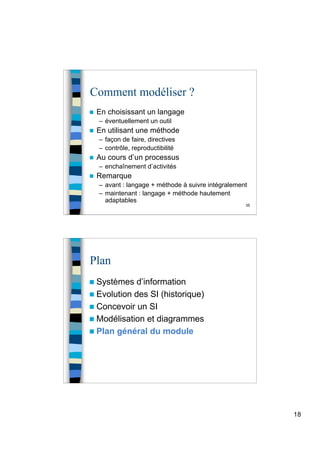 18
35
Comment modéliser ?
 En choisissant un langage
– éventuellement un outil
 En utilisant une méthode
– façon de faire, directives
– contrôle, reproductibilité
 Au cours d’un processus
– enchaînement d’activités
 Remarque
– avant : langage + méthode à suivre intégralement
– maintenant : langage + méthode hautement
adaptables
Plan
 Systèmes d’information
 Evolution des SI (historique)
 Concevoir un SI
 Modélisation et diagrammes
 Plan général du module
 