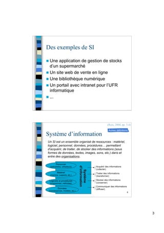 3
Des exemples de SI
 Une application de gestion de stocks
d’un supermarché
 Un site web de vente en ligne
 Une bibliothèque numérique
 Un portail avec intranet pour l’UFR
informatique
 ...
6
Système d’information
Un SI est un ensemble organisé de ressources : matériel,
logiciel, personnel, données, procédures… permettant
d’acquérir, de traiter, de stocker des informations (sous
formes de données, textes, images, sons, etc.) dans et
entre des organisations.
(Reix, 2004, pp. 3-4)
Personnel
(spécialistes, utilisateurs)
Matériel
(machine, supports, etc.)
Logiciels et procédures
(programmes, méthodes)
Données
(connaissances, modèles, etc.)
Acquérir des informations
(collecter)
Système
d’information
Traiter des informations
(transformer)
Stocker des informations
(conserver)
Communiquer des informations
(diffuser)
Autres définitions
 