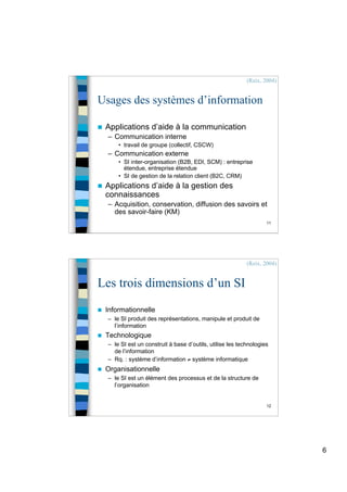 6
11
Usages des systèmes d’information
 Applications d’aide à la communication
– Communication interne
• travail de groupe (collectif, CSCW)
– Communication externe
• SI inter-organisation (B2B, EDI, SCM) : entreprise
étendue, entreprise étendue
• SI de gestion de la relation client (B2C, CRM)
 Applications d’aide à la gestion des
connaissances
– Acquisition, conservation, diffusion des savoirs et
des savoir-faire (KM)
(Reix, 2004)
12
Les trois dimensions d’un SI
 Informationnelle
– le SI produit des représentations, manipule et produit de
l’information
 Technologique
– le SI est un construit à base d’outils, utilise les technologies
de l’information
– Rq. : système d’information ≠ système informatique
 Organisationnelle
– le SI est un élément des processus et de la structure de
l’organisation
(Reix, 2004)
 