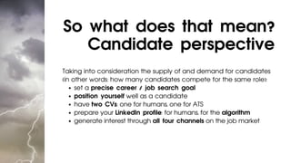 set a precise career / job search goal
position yourself well as a candidate
have two CVs: one for humans, one for ATS
prepare your LinkedIn profile: for humans, for the algorithm
generate interest through all four channels on the job market
Taking into consideration the supply of and demand for candidates
(in other words: how many candidates compete for the same role):
So what does that mean?
Candidate perspective
 