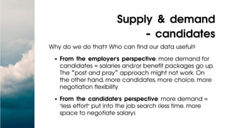 From the employer's perspective: more demand for
candidates = salaries and/or benefit packages go up.
The “post and pray” approach might not work. On
the other hand, more candidates, more choice, more
negotiation flexibility.
From the candidate's perspective: more demand =
"less effort" put into the job search (less time, more
space to negotiate salary).
Why do we do that? Who can find our data useful?
Supply & demand
- candidates
 
