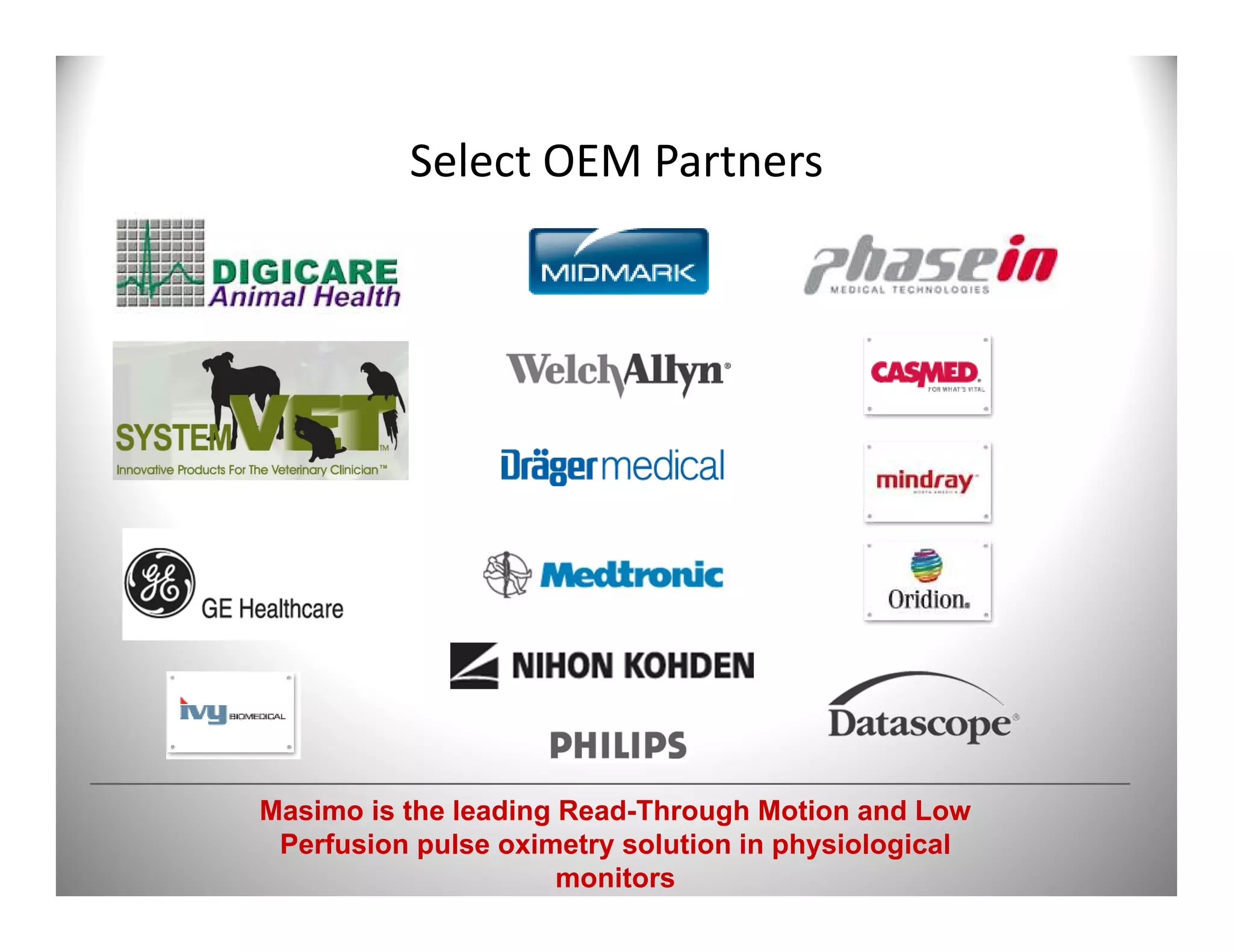Select OEM Partners




Masimo is the leading Read-Through Motion and Low
 Perfusion pulse oximetry solution in physiological
                      monitors
 