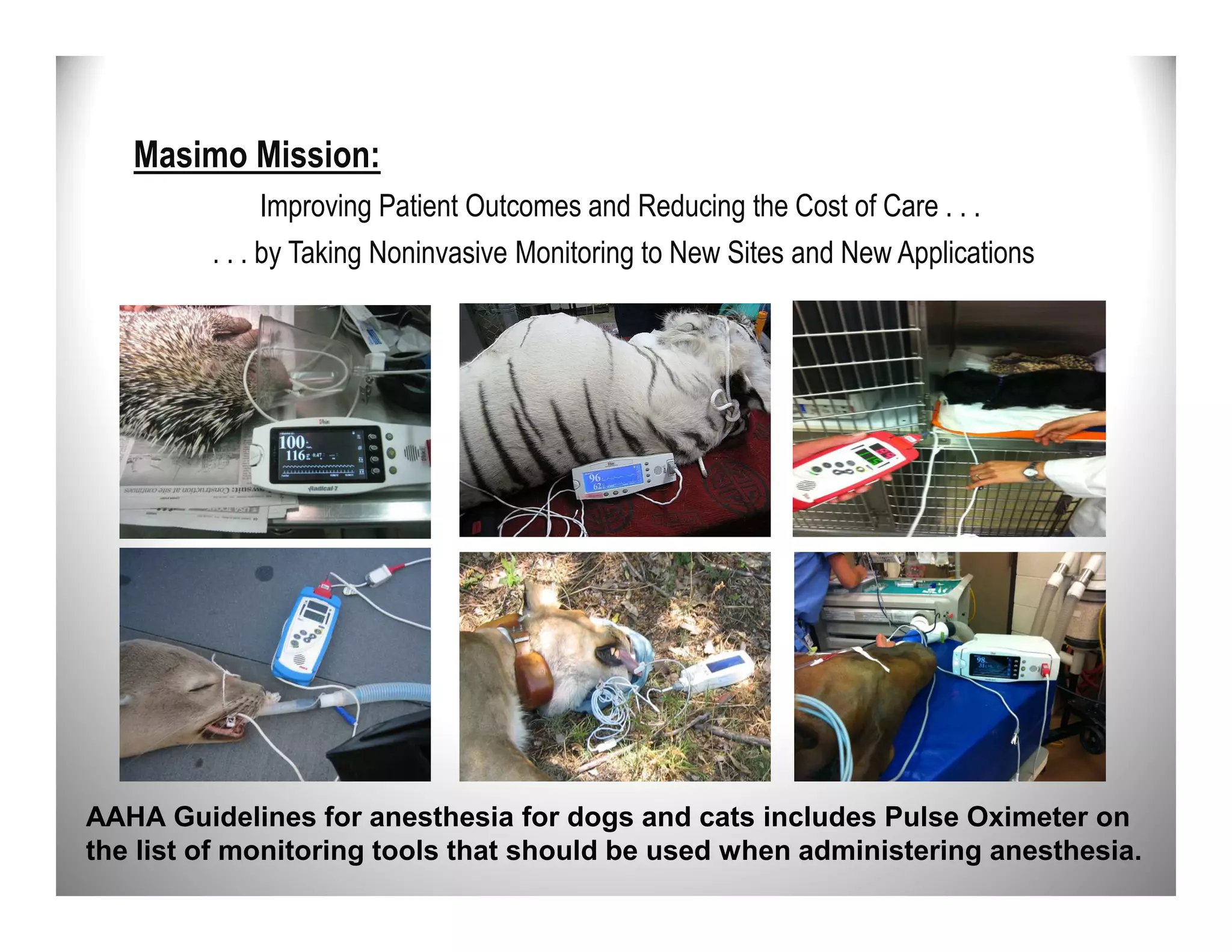 Masimo Mission:
               Improving Patient Outcomes and Reducing the Cost of Care . . .
         . . . by Taking Noninvasive Monitoring to New Sites and New Applications




AAHA Guidelines for anesthesia for dogs and cats includes Pulse Oximeter on
the list of monitoring tools that should be used when administering anesthesia.
 