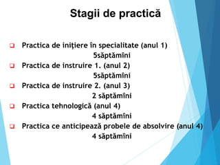 Stagii de practică
 Practica de iniţiere în specialitate (anul 1)
5săptămîni
 Practica de instruire 1. (anul 2)
5săptămîni
 Practica de instruire 2. (anul 3)
2 săptămîni
 Practica tehnologică (anul 4)
4 săptămîni
 Practica ce anticipează probele de absolvire (anul 4)
4 săptămîni
 