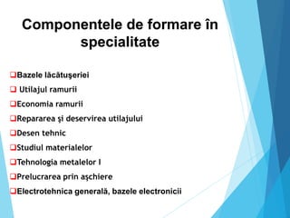 Componentele de formare în
specialitate
Bazele lăcătuşeriei
 Utilajul ramurii
Economia ramurii
Repararea şi deservirea utilajului
Desen tehnic
Studiul materialelor
Tehnologia metalelor I
Prelucrarea prin aşchiere
Electrotehnica generală, bazele electronicii
 