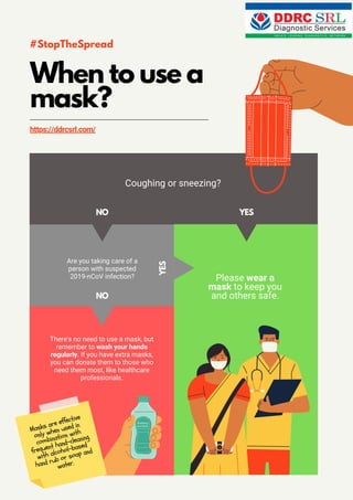 When to use a
mask?
https://ddrcsrl.com/
#StopTheSpread
NO
NO
YES
YES
Coughing or sneezing?
Are you taking care of a
person with suspected
2019-nCoV infection?
There's no need to use a mask, but
remember to wash your hands
regularly. If you have extra masks,
you can donate them to those who
need them most, like healthcare
professionals.
Please wear a
mask to keep you
and others safe.
Masks are effective
only when used in
combination with
frequent hand-cleaning
with alcohol-based
hand rub or soap and
water.
 
