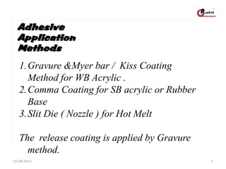 Adhesive
Application
Methods

1.Gravure &Myer bar / Kiss Coating
Method for WB Acrylic .
2.Comma Coating for SB acrylic or Rubber
Base
3.Slit Die ( Nozzle ) for Hot Melt

The release coating is applied by Gravure
method.
07-04-2013

7

 