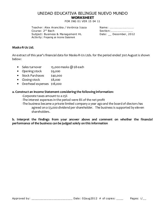 income statement worksheet masks r us income statement worksheet