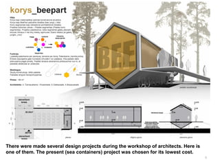 8
There were made several design projects during the workshop of architects. Here is
one of them. The present (sea containers) project was chosen for its lowest cost.
 