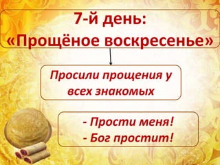 Просили прощения у
всех знакомых
7-й день:
«Прощёное воскресенье»
- Прости меня!
- Бог простит!
 
