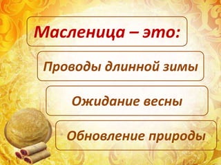 Проводы длинной зимы
Ожидание весны
Обновление природы
Масленица – это:
 