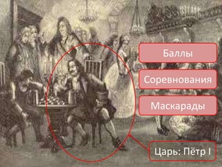 Праздник масленицы
появился на Руси,
в 16 веке.
Когда появилась
«Масленица»?
Царь: Пётр I
Соревнования
Маскарады
Баллы
 
