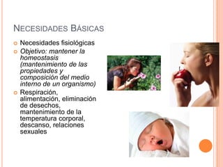 NECESIDADES BÁSICAS
   Necesidades fisiológicas
   Objetivo: mantener la
    homeostasis
    (mantenimiento de las
    propiedades y
    composición del medio
    interno de un organismo)
   Respiración,
    alimentación, eliminación
    de desechos,
    mantenimiento de la
    temperatura corporal,
    descanso, relaciones
    sexuales
 