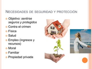NECESIDADES DE SEGURIDAD Y PROTECCIÓN
 Objetivo: sentirse
  seguros y protegidos
 Contra el crimen

 Física

 Salud

 Empleo (ingresos y
  recursos)
 Moral

 Familiar

 Propiedad privada
 
