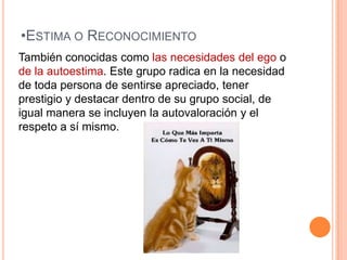 •ESTIMA O RECONOCIMIENTO
También conocidas como las necesidades del ego o
de la autoestima. Este grupo radica en la necesidad
de toda persona de sentirse apreciado, tener
prestigio y destacar dentro de su grupo social, de
igual manera se incluyen la autovaloración y el
respeto a sí mismo.
 