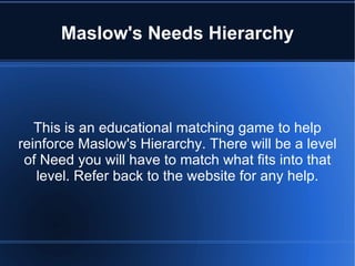 Maslow's Needs Hierarchy




   This is an educational matching game to help
reinforce Maslow's Hierarchy. There will be a level
 of Need you will have to match what fits into that
   level. Refer back to the website for any help.
 