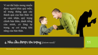 4. Nhu cầu được tôn trọng (esteem needs)
Tâm lý học tham vấn - Maslow
11
Vì nó thể hiện mong muốn
được người khác quý mến,
nể trọng thông qua các
thành quả của bản thân và
sự cảm nhận, quý trọng
chính bản thân, danh tiếng
của mình, có lòng tự
trọng, sự coi trọng khả
năng của bản thân.
 