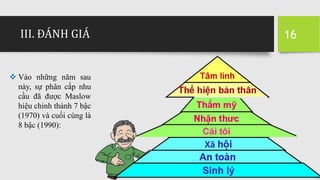 III. ĐÁNH GIÁ 16
 Vào những năm sau
này, sự phân cấp nhu
cầu đã được Maslow
hiệu chỉnh thành 7 bậc
(1970) và cuối cùng là
8 bậc (1990):
 