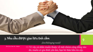 3. Nhu cầu được giao lưu tình cảm
(love/belonging needs)
Tâm lý học tham vấn - Maslow
9
CÁ NHÂN KHÔNG THỂ TỒN TẠI KHI
THIẾU CÁC MỐI QUAN HỆ
=> Vì vậy cá nhân muốn thuộc về một nhóm cộng đồng nào
đó, muốn có gia đình yên ấm, bạn bè thân hữu tin cậy.
 