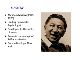MASLOW
 Abraham Maslow(1908-
1970)
 Leading humanistic
Psychologist
 Developed by Hierarchy
of Needs
 Promote the concept of
Self-actualization
 Born in Brooklyn, New
York
 