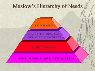 Maslow’s Hierarchy of Needs PHYSIOLOGICAL OR SURVIVAL NEEDS SAFETY NEEDS LOVE, AFFECTION, AND BELONGINGNESS NEEDS ESTEEM NEEDS 