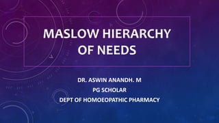 MASLOW HIERARCHY
OF NEEDS
DR. ASWIN ANANDH. M
PG SCHOLAR
DEPT OF HOMOEOPATHIC PHARMACY
 