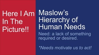 Maslow’s
Hierarchy of
Human Needs
Need: a lack of something
required or desired.
*Needs motivate us to act!
Here I Am
In The
Picture!!
 