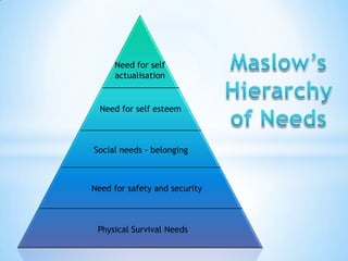 Need for self
     actualisation


  Need for self esteem



Social needs - belonging



Need for safety and security



 Physical Survival Needs
 