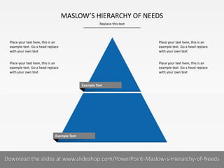 MASLOW’S HIERARCHY OF NEEDS
Replace this text

Place your text here, this is an
example text. Go a head replace
with your own text

Place your text here, this is an
example text. Go a head replace
with your own text

Place your text here, this is an
example text. Go a head replace
with your own text

Place your text here, this is an
example text. Go a head replace
with your own text

Example Text

Example Text

Download the slides at www.slideshop.com/PowerPoint-Maslow-s-Hierarchy-of-Needs
1I
COMPANY NAME
PRESENTER NAME

 
