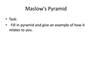 Maslow's PyramidTask: Fill in pyramid and give an example of how it relates to you.