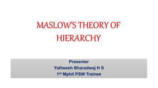MASLOW’S THEORY OF
HIERARCHY
Presenter
Yatheesh Bharadwaj H S
1st Mphil PSW Trainee
 
