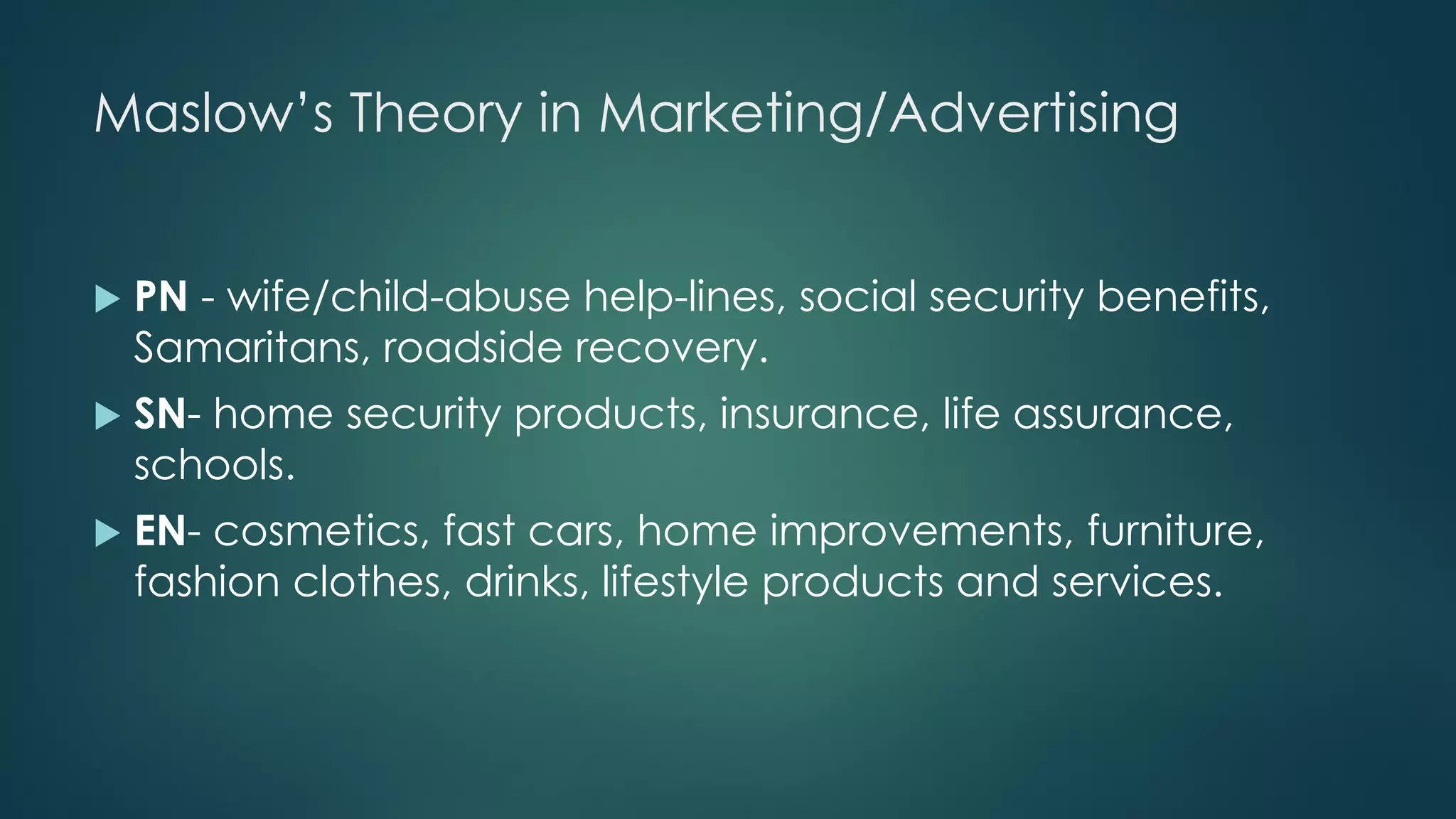 Maslow’s Theory in Marketing/Advertising
 PN - wife/child-abuse help-lines, social security benefits,
Samaritans, roadside recovery.
 SN- home security products, insurance, life assurance,
schools.
 EN- cosmetics, fast cars, home improvements, furniture,
fashion clothes, drinks, lifestyle products and services.
 