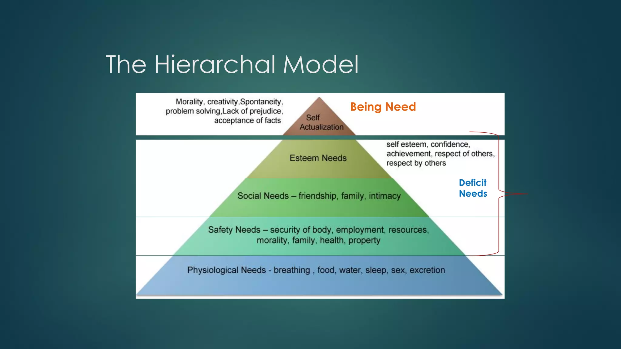 The Hierarchal Model
Being Need
Deficit
Needs
 