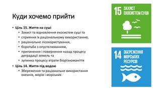 Куди хочемо прийти
• Ціль 15. Життя на суші
• Захист та відновлення екосистем суші та
• сприяння їх раціональному використанню,
• раціональне лісокористування,
• боротьба з опустелюванням,
• припинення і повернення назад процесу
деградації земель та
• зупинка процесу втрати біорізноманіття
• Ціль 14. Життя під водою
• Збереження та раціональне використання
океанів, морів і морських
 