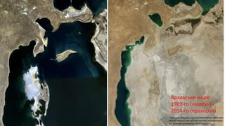 https://uk.wikipedia.org/wiki/%D0%90%D1%80%D0%
B0%D0%BB%D1%8C%D1%81%D1%8C%D0%BA%D0%
B5_%D0%BC%D0%BE%D1%80%D0%B5
Аральське море
1989-го (ліворуч) і
2014-го (праворуч)
 