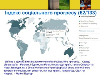 Індекс соціального прогресу (62/133)
“ВВП не є єдиним визначальним чинником соціального прогресу… Серед
різних країн, і багатих, і бідних, ми бачимо приклади країн, такі як Сенегал чи
Нова Зеландія, які є більш успішними у трансформації свого економічного
зростання у соціальний розвиток, ніж інші країни, наприклад, США чи
Нігерія”. – Майкл Портер
 