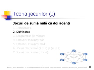 15
Teoria jocurilor (I)
Jocuri de sumă nulă cu doi agenți
1. Introducere
2. Dominanța
3. Diagramele de mișcare
4. Echilibru minimax pur
5. Echilibru minimax mixt
6. Jocuri matriceale (2 x n) și (m x 2)
7. Jocuri matriceale (m x n)
Florin Leon, Modelarea si analiza sistemelor multi-agent, http://florinleon.byethost24.com/curs_masma.htm
 
