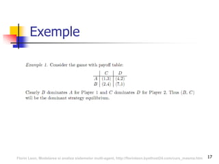 17
Exemple
Florin Leon, Modelarea si analiza sistemelor multi-agent, http://florinleon.byethost24.com/curs_masma.htm
 