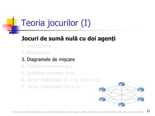 21
Teoria jocurilor (I)
Jocuri de sumă nulă cu doi agenți
1. Introducere
2. Dominanța
3. Diagramele de mișcare
4. Echilibru minimax pur
5. Echilibru minimax mixt
6. Jocuri matriceale (2 x n) și (m x 2)
7. Jocuri matriceale (m x n)
Florin Leon, Modelarea si analiza sistemelor multi-agent, http://florinleon.byethost24.com/curs_masma.htm
 