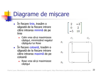 22
Diagrame de mișcare
 În fiecare linie, trasăm o
săgeată de la fiecare intrare
către intrarea minimă de pe
linie
 Colin vrea să-și maximizeze
câștigul, minimizând negatul
câștigului lui Rose
 În fiecare coloană, trasăm o
săgeată de la fiecare intrare
către intrarea maximă de pe
coloană
 Rose vrea să-și maximizeze
câștigul
Florin Leon, Modelarea si analiza sistemelor multi-agent, http://florinleon.byethost24.com/curs_masma.htm
 