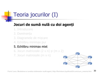 30
Teoria jocurilor (I)
Jocuri de sumă nulă cu doi agenți
1. Introducere
2. Dominanța
3. Diagramele de mișcare
4. Echilibru minimax pur
5. Echilibru minimax mixt
6. Jocuri matriceale (2 x n) și (m x 2)
7. Jocuri matriceale (m x n)
Florin Leon, Modelarea si analiza sistemelor multi-agent, http://florinleon.byethost24.com/curs_masma.htm
 