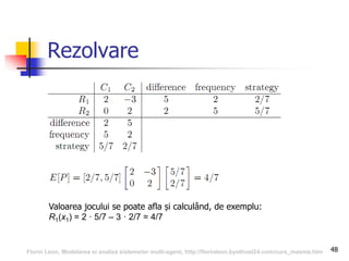 48
Rezolvare
Valoarea jocului se poate afla și calculând, de exemplu:
R1(x1) = 2 · 5/7 – 3 · 2/7 = 4/7
Florin Leon, Modelarea si analiza sistemelor multi-agent, http://florinleon.byethost24.com/curs_masma.htm
 